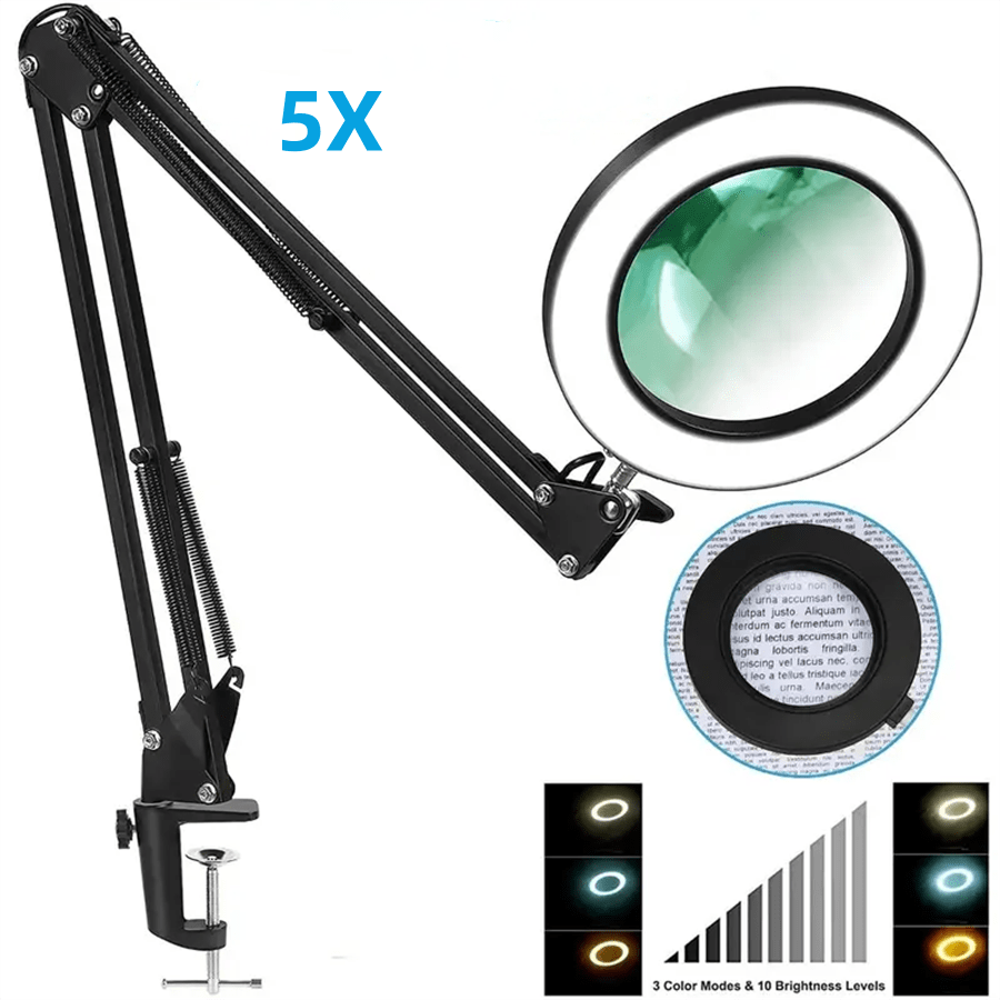 Luminária de mesa com lupa LED, braço ajustável, 3 modos de cor com escurecimento contínuo, fonte de alimentação USB, ajuste de 360°, adequada para leitura, produção artesanal, reparo e design e manutenção de tarefas de precisão/Lâmpada de mesa/Cuidados com a pele e beleza