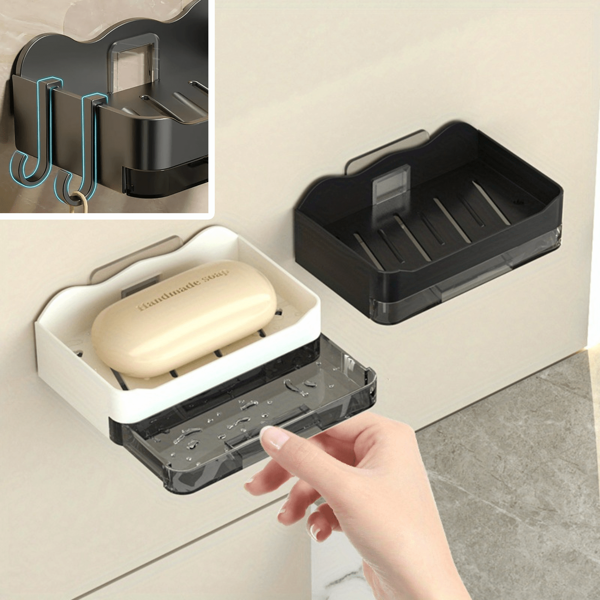 1 pieza/2 piezas Jabonera con escurridor, Jabonera de plástico sin taladrar, Adecuada para baño, inodoro y cocina, Caja de almacenamiento de jabón montada en la pared con bandeja, Adecuada para dormitorio y decoración del hogar