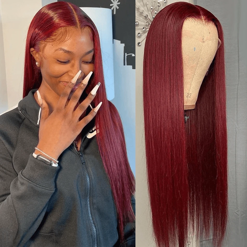 CEXXY Perruque Lace Front Wig 13x6 HD cheveux humains lisses couleur bordeaux 99J transparente HD pré-épilée