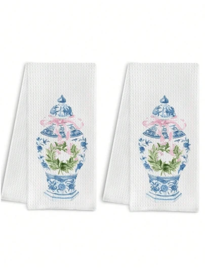2 Pcs Blue And White Porcelain Chinoiserie Kitchen Towels, 16x24 Inch, Set Of 2, Hydrangea Floral Dish Towels Tea Towels For Kitchen, Chinoiserie Decor Hand Towels For Bathroom, Grand Millenial Decor