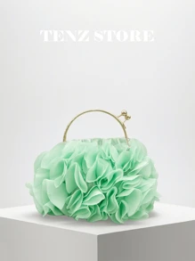 Women Elegant Light Green Floral Pleated Satin Evening Clutch Party Bag Purse Handbag– Chic Chiffon Petal Handbag With Chain Strap, Fits ProMax Size Phone & Essentials, Perfect For Bride, Weddings, Dates, Proms, Holidays, Sorority Formals, Graduation Parties, Spring Galas, Cocktail Events, And Special Occasions