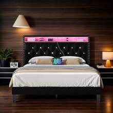 LED Bed Frame With Storage Shelf Headboard, Velvet Upholstered Bed Frame With Charging Station, Modern Bed Frame With Diamond Tufted Headboard, No Box Spring Needed, White/ Black, Full/ Queen/ King  (USB LED Strip) - màu đen - Xem 14