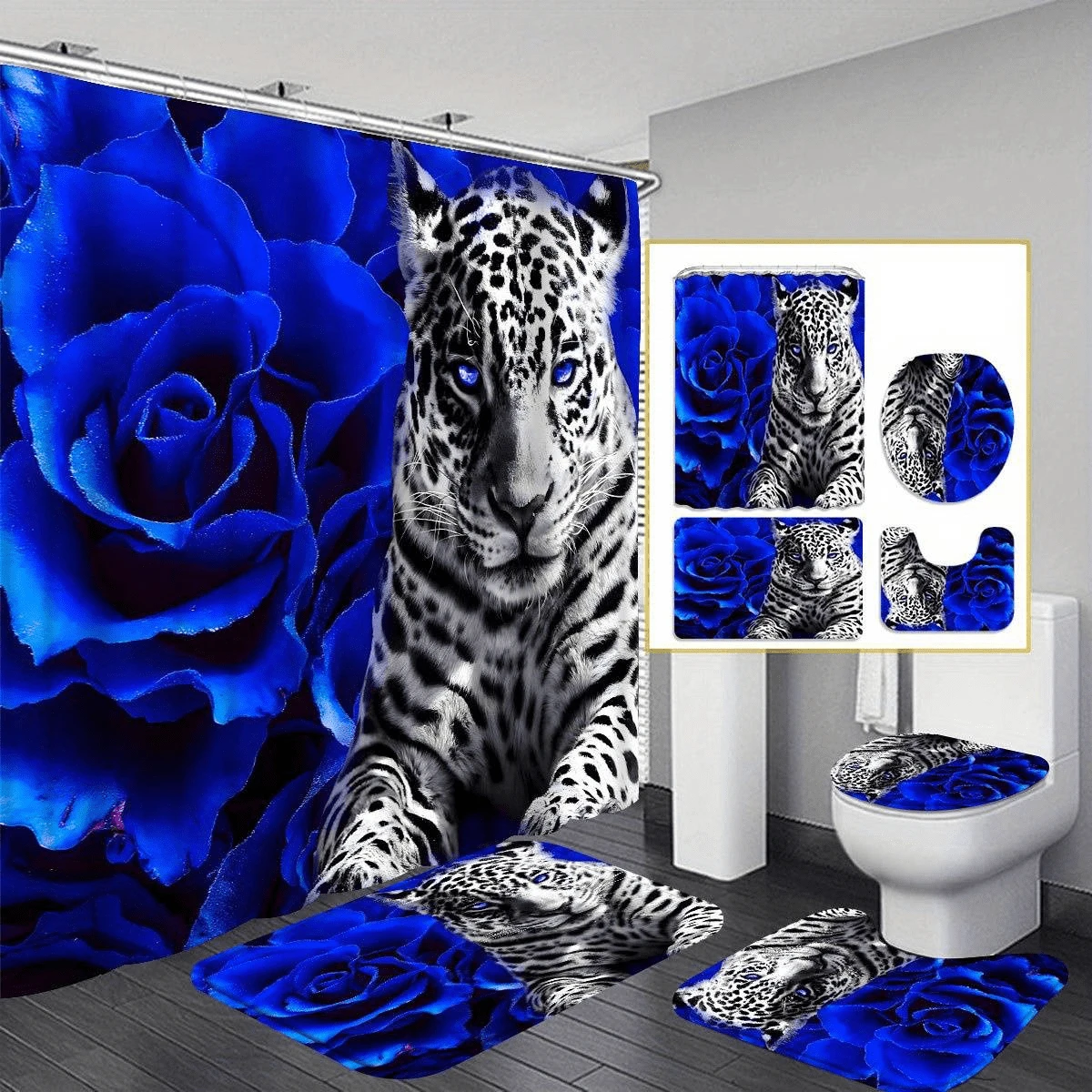 4-Piece Set Of Blue Rose And White Tiger Pattern Bathroom, Bathroom Curtain Shower, Shower Curtain, Bathroom Kit, Bathroom Supplies, Shower Curtain Kit, Shower Curtain, Bathroom Decoration, Bathroom Kit, Shower Winter Bathroom Accessories, Christmas Gift