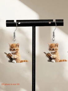 2pcs Reading Glasses Cat Pendant Earrings, Ideal Choice For Halloween, Christmas & Casual Decoration, Perfect Gift For Back To School, Graduation, Valentine's Day, Mother's Day, Birthday - Cat Reading - View 7