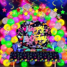 霓虹派对装饰，夜光生日用品，霓虹气球拱门套装及背景桌布，紫外线发光气球，成人彩虹80年代90年代迪斯科派对装饰，霓虹荧光气球花环拱门套装，星形悬挂漩涡，黑光反应发光霓虹彩带，圣诞装饰，生日装饰 - 彩色 - 查看 2