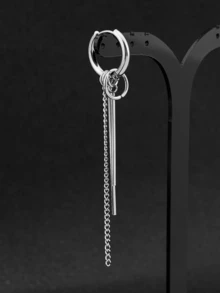 One Long Stainless Steel Tassel Earring For Men - Silver - View 2