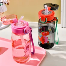 1pc 400ml Baby Dinosaur Straw Water Bottle, Safety Lock Lid, Portable Handle Cup, Drink Water Training Cup, Suitable For Daily Use