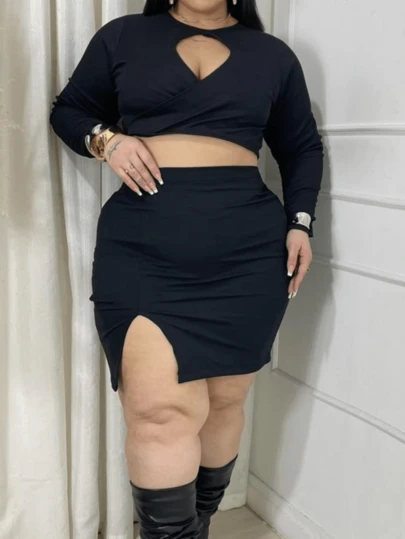Conjunto De Cropped Michelle + Saia Com Fenda Simples Assimétrico Praia Férias Noite Plus Size