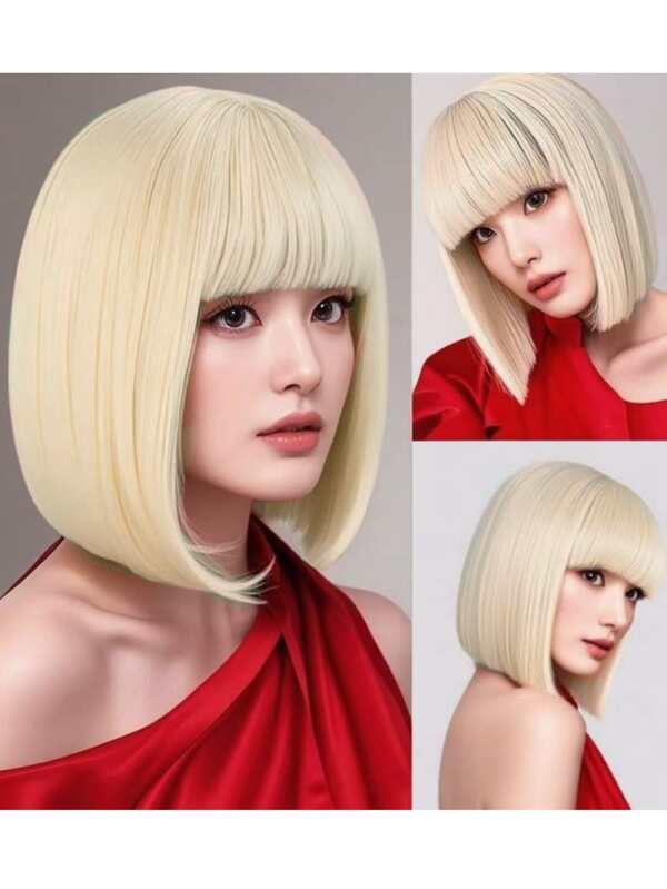 12 Inch Blonde Short Bob Wig, Women Short Wig With Bangs, Soft & Natural Synthetic Heat Resistant Wig For Cosplay/Party