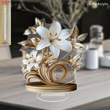 2D 平面印刷（非 3D），1 件亚克力花卉桌面装饰，开放式百合花图案，配以金色叶子和雌蕊，亚克力桌面装饰 | 适合客厅和办公室 | 平面波西米亚风格 | 节日和生日的理想礼物 - 淺灰色 - 查看 3