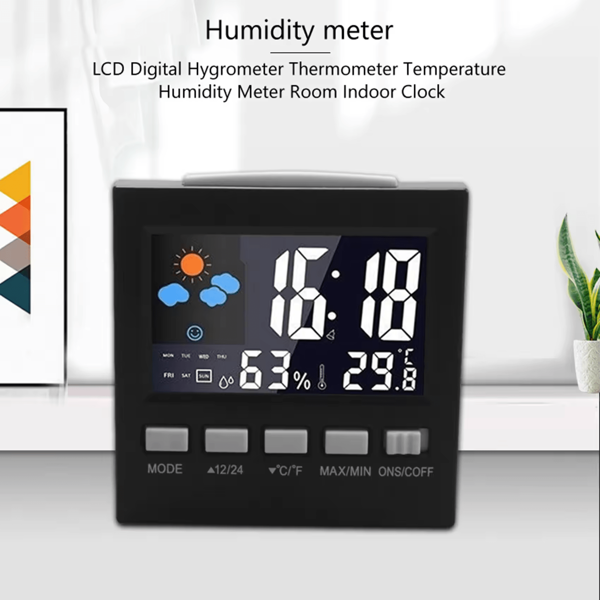 Digital Weather Alarm Clock With Temperature And Humidity Monitor - Rectangular Plastic Frame, AAA Battery Operated, Glow Function, Hygrometer, Suitable For Home, Office And Bedroom