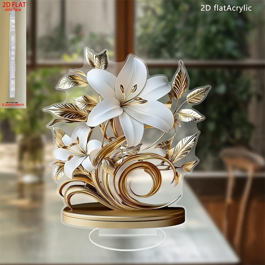 2D 平面印刷(非 3D),1 件亚克力花卉桌面装饰,开放式百合花图案,配以金色叶子和雌蕊,亚克力桌面装饰 | 适合客厅和办公室 | 平面波西米亚风格 | 节日和生日的理想礼物 - 淺灰色 - 查看 1