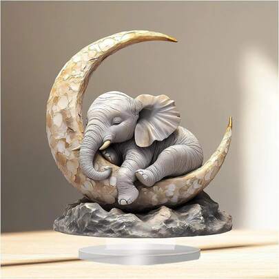 2D Crescent Moon Elephant Acrylic Desktop Decor - Elegant Blessing Symbol Suitable For Home And Office, Great For Bedroom, Cafe, Living Room, Garden And Balcony Christmas Decoration