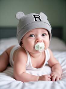 1 pezzo Cappellino da neonato con orecchie di orsetto e 26 lettere, berretto morbido per bambine e bambini in colore unito, copricapo per bambini piccoli, ideale per foto neonati 0-3 mesi