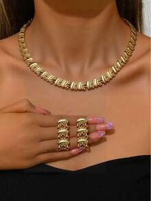 3 件黄金首饰套装，镂空叶项链和耳环，女士时尚首饰，适合圣诞节、情人节、母亲节、感恩节、教师节、结婚纪念日、婚礼派对、新娘 - 黃色 - 查看 2