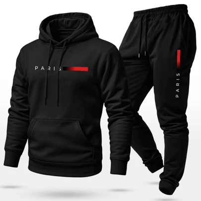 Conjunto de Moletom Unissex Esportivo Blusa Com Capuz e Bolso Canguru e Calça com Punho e cós elástico com Cadarço - Estampa Paris