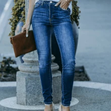 Local Delivery- Ladies' Casual Jeans Elegant High Elasticity Slim Fit Small Leg Jeans Dark Blue Mid Waist Jeans - 深藍色 - 查看 1