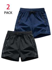 2pcs Men's Essential Lightweight 3/4 Shorts, Athletic Sports Running Casual Wear - Black - View 1