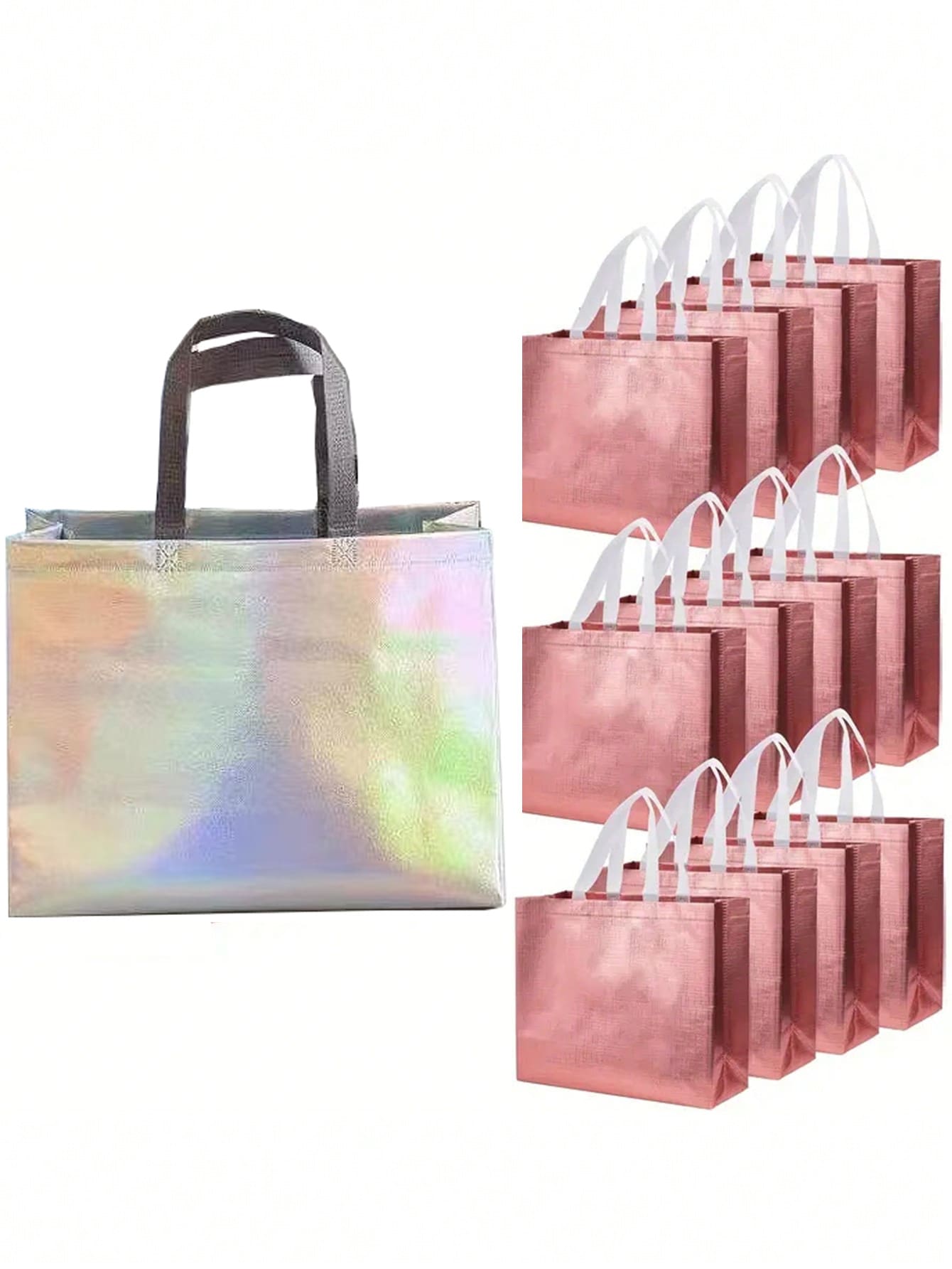 玫瑰金可重复使用购物袋购物手提袋带手柄亮面婚礼礼品袋大号礼品袋无纺布礼品包装袋婚礼生日派对礼品袋