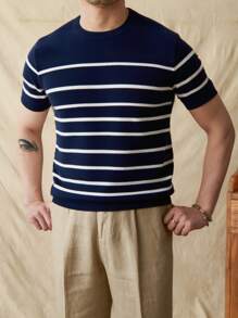 Men's Round Neck Striped Knitted Short Sleeve T-Shirt, Casual For Outdoor, Commuting & Leisure