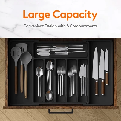 1pc Expandable Drawer Organizer - Adjustable Plastic Utensil Tray For Kitchen, Flatware, Cutlery, Spoons, Forks, Knives Storage