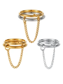 1pc 18K Gold Plated Stainless Steel Women's Double Ring Thick Chain Bohemian Style Ring, Beach Vacation Outfit, Valentine's Day Gift, Mother's Day Present
