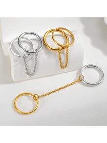 1pc 18K Gold Plated Stainless Steel Women's Double Ring Thick Chain Bohemian Style Ring, Beach Vacation Outfit, Valentine's Day Gift, Mother's Day Present