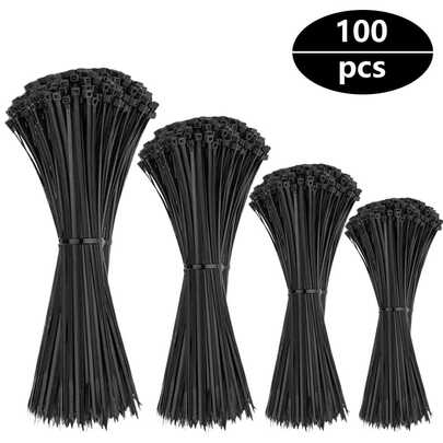 100 chiếc dây buộc cáp màu đen, kích thước 100/150/200/250mm, chất liệu nylon cao cấp, thiết kế tự khóa chắc chắn, phù hợp cho gia đình, sân vườn, văn phòng và các dự án DIY.