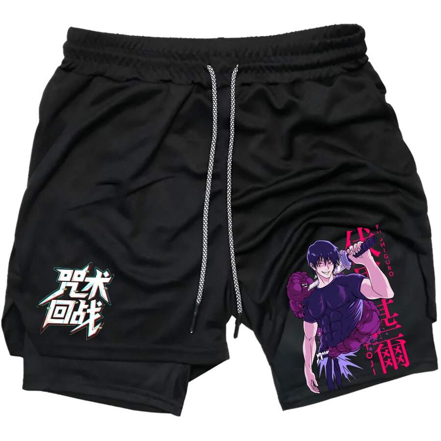 Unisex Anime Print 3-In-1 Lightweight Shor,Beach Shorts For Ment,Versatile Wear For Weightlifting/Yoga/Running,Gym Clothing Shorts,Classic Mens Pocket Shorts,Shorts Men,Activewear,Casual Athletic Sport Short,High Stretch Sport Short,Quick Dry Swim Trunk,Comfortable Short,Workout Clothes - 黑色 - 查看 1