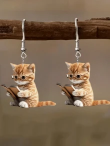 2pcs Reading Glasses Cat Pendant Earrings, Ideal Choice For Halloween, Christmas & Casual Decoration, Perfect Gift For Back To School, Graduation, Valentine's Day, Mother's Day, Birthday - Cat Reading - View 2