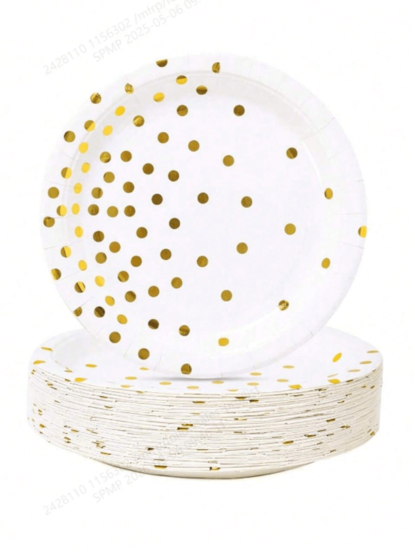 10/20/40pcs Count White And Gold Paper Plates, 7 Inch Metallic Foil Polka Dots Disposable Dessert Party Plates Cocktail Party Supplies Plates For Birthday, Bridal Shower, Easter, Graduation Party