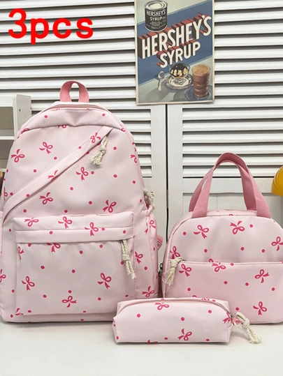 3 件套，多功能，时尚，极具吸引力，小众设计，可爱甜美手提背包，尼龙面料，蝴蝶结印花，可调节肩带，多色可选，大容量，多口袋背包，适合日常通勤和外出购物和玩耍