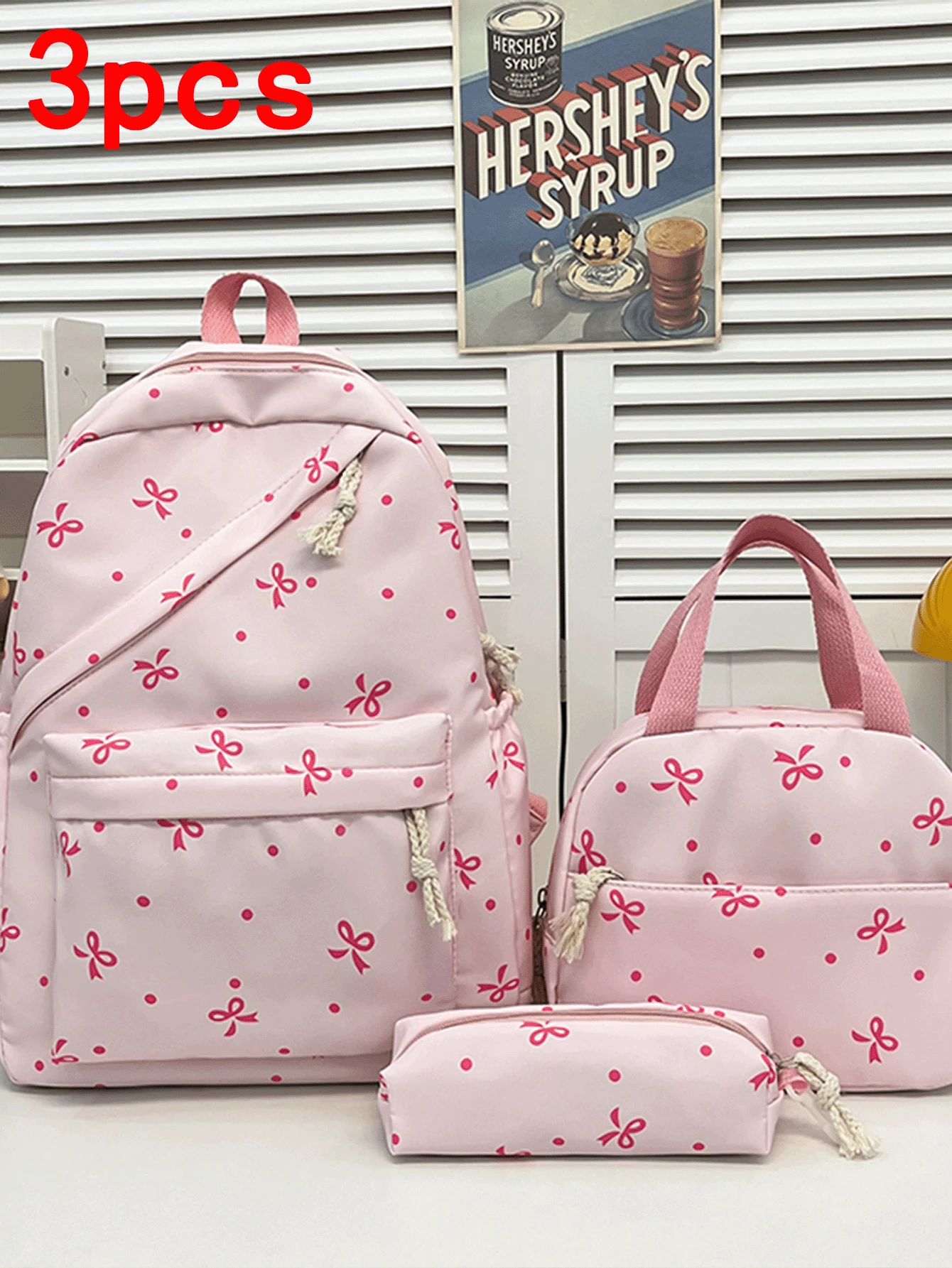 3 件套,多功能,时尚,极具吸引力,小众设计,可爱甜美手提背包,尼龙面料,蝴蝶结印花,可调节肩带,多色可选,大容量,多口袋背包,适合日常通勤和外出购物和玩耍 - 彩色 - 查看 1
