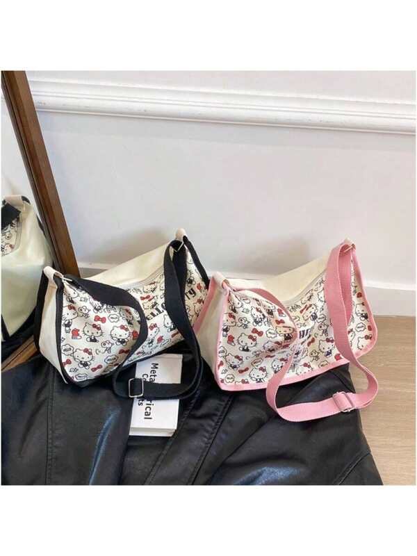 Sanrio 1pc Sanrio Hello Kitty Crossbody Bag Cute And Spacious Shoulder Bag Fashion Portable Storage Bag Suitable For College Commuting And Shopping Canvas Material Shopping Tote Beautiful Women Gift