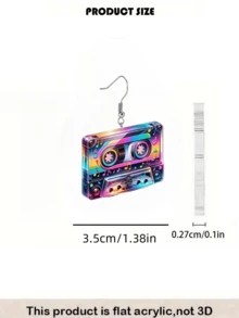 1 par de pendientes acrílicos con diseño 2D de guitarra y cinta de casete de colores - Estilo retro hip-hop, adecuados para festivales de música y fiestas, regalo perfecto para fans, pendientes novedosos - Multicolor - Ver 9