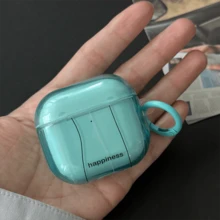 二合一半透明蓝色条纹设计耳机盒带挂环适用于 Apple Pro 2 / Pro / 4 / 3 / 2，时尚女士耳机盒，简约耳机盒 - 薄荷藍 - 查看 2