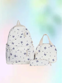 3 件套，多功能，时尚，极具吸引力，小众设计，可爱甜美手提背包，尼龙面料，蝴蝶结印花，可调节肩带，多色可选，大容量，多口袋背包，适合日常通勤和外出购物和玩耍 - 彩色 - 查看 16