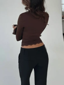 Women's Spring Lace Trim Blouses Long Sleeve Square Neck Slim Fit Stylish Party Shirt Solid Color Flounce Sleeve Pullover Top Casual Work Going Out Basic Tops - Dark Brown - View 4