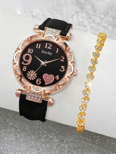 2 Pieces/Set Fashionable Exquisite Watch With Rhinestone-Decorated Dial Paired With A Sparkling Crystal Bracelet Combination Set, Featuring A Creative Numeric Pattern Quartz Watch, A Wrist Accessory Set.
