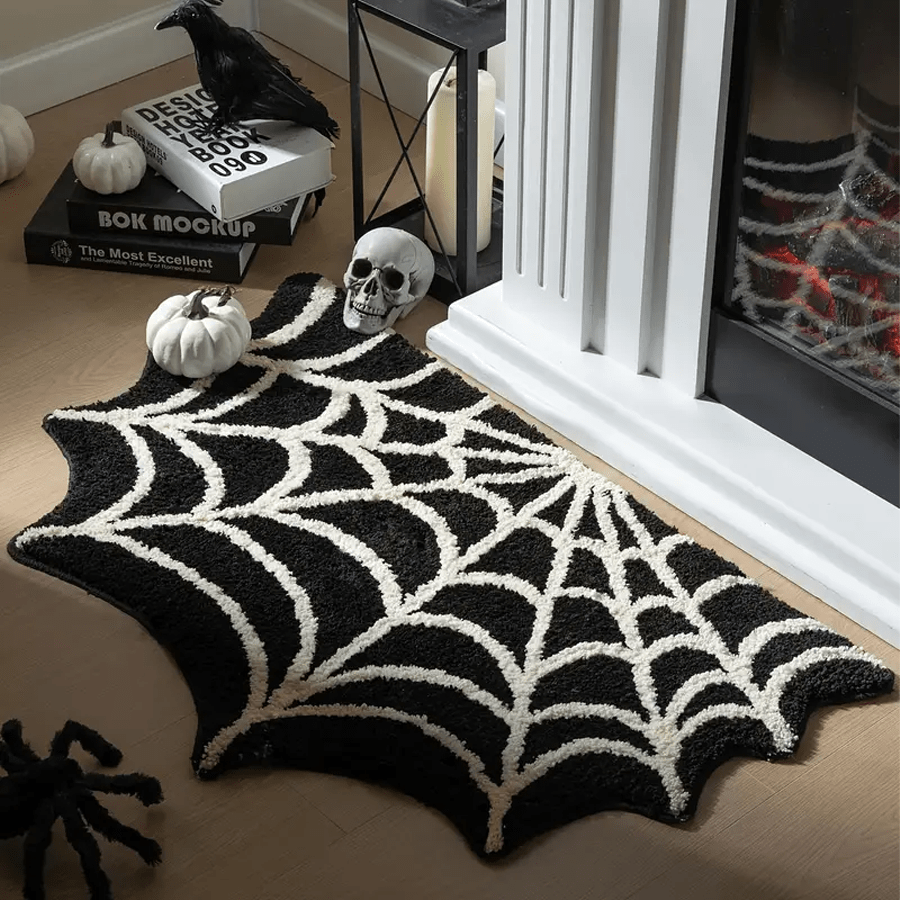 Tapis de bain Meetory à motif toile d'araignée, tapis noir gothique d'Halloween antidérapant, tapis, décoration de chambre, paillasson, tapis de sol de cuisine, tapis de salle de bain, tapis d'entrée avec ruban adhésif
