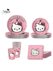 Sanrio 50 piezas/10 piezas Conjunto desechable de vajilla Sanrio: Platos de 7 pulgadas y 9 pulgadas, adecuados para fiestas de cumpleaños, bodas, ceremonias de graduación, eventos festivos, campamentos al aire libre, reuniones, suministros de decoración para barbacoas