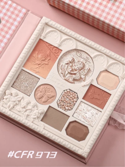  CHEERFLOR 浮雕彩妆盘，哑光闪光粉眼影盘，显色度高，持久亮泽闪光眼影，轻盈、顺滑，带镜子、荧光笔轮廓腮红粉一体式彩妆盘