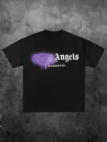 Palm Angel.S Shanghai Sprayed ,Casual Print,Comfortable And Versatile,Letter Pattern Pure Cotton 220g Printed T-Shirt - 黑色 - 查看 1