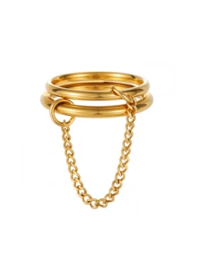 1pc 18K Gold Plated Stainless Steel Women's Double Ring Thick Chain Bohemian Style Ring, Beach Vacation Outfit, Valentine's Day Gift, Mother's Day Present