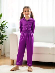 2pcs Tween Girls Purple Long Sleeve Pajama Set - Multicolor - View 3