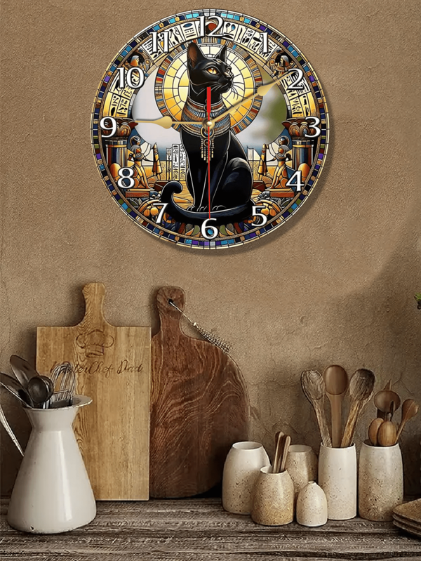 1pc Black Cat Egyptian-Themed Silent Wall Clock 2D With Bright Roman Numerals, Perfect For Mystical Home Decor – Ideal For Halloween And Animal Lovers