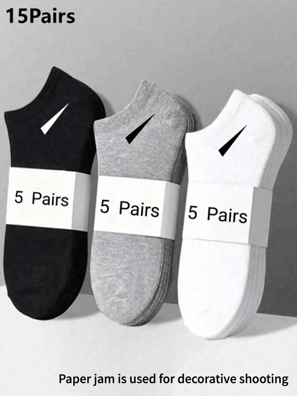 15 Pairs Unisex Sports Socks, Fashion Socks, White/Black/Grey Short Socks, Solid Color Minimalist Design, Suitable For Daily Casual Wear