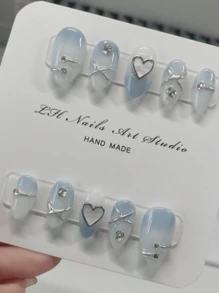 10pcs Handmade Press On Nails With Rhinestones, Valentines Nails , Romantic Nail Art, Nail Supplies ,Heart Fake Nails, Vacation Style Blue Nails,Full Cover Gradient False Nails For Women And Girls,Summer Nails Press On Nails Beach Essentials,Gift A Set Of Nail Kit
