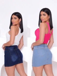 Kit 2 Mini Saia Jeans Barra Tradicional Elastano Premium Moda Feminina Ceas Modas - Lavagem clara - Visão 2