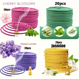 20/80 pièces Bobines d'encens naturelles spiralées - Sakura, Jasmin, Lavande, Citronnelle - Longue durée de combustion 3-4h - Pour le yoga, la relaxation, la méditation, la chambre à coucher et une utilisation extérieure